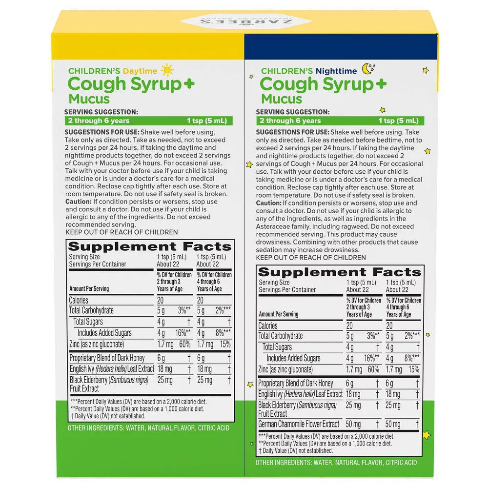 Zarbee's Kid's Cough + Mucus Day/Night with Honey, Ivy Leaf, Zinc & Elderberry - Mixed Berry - 8 fl oz